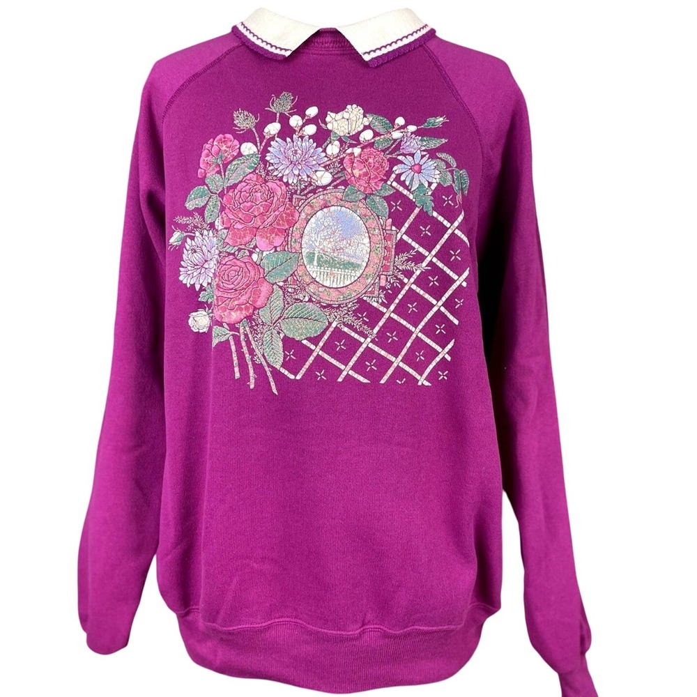 Vintage 80s Purple Sweatshirt (XL) CRACKER BARREL Floral Grandma Prairie Cottage